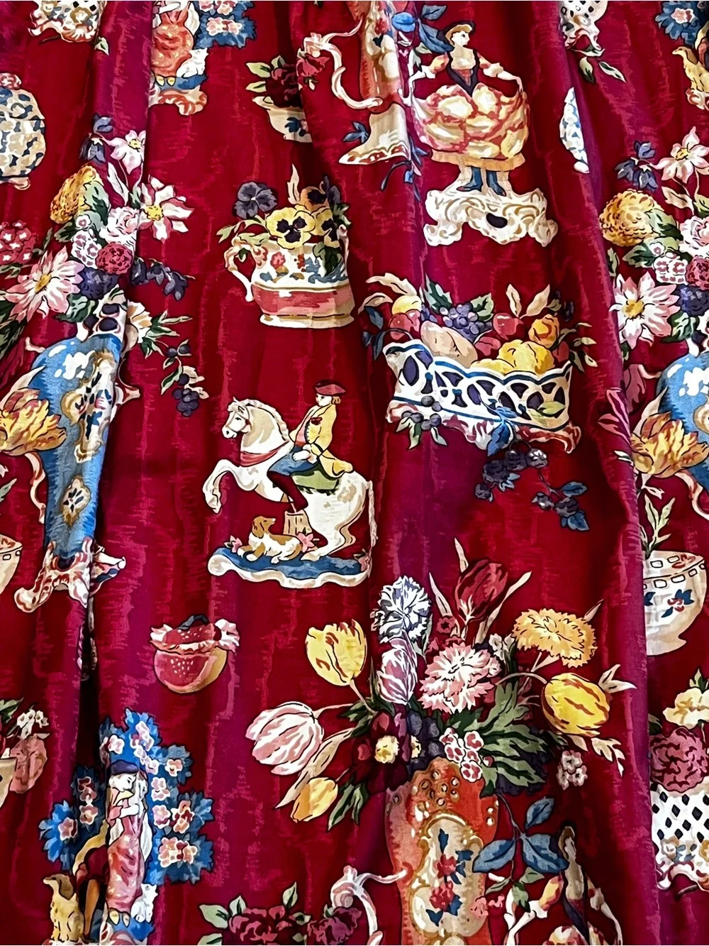 Set of 4 Custom Chinoiserie Lined Drapery Panels Burgundy Tassel Trim 21x62”